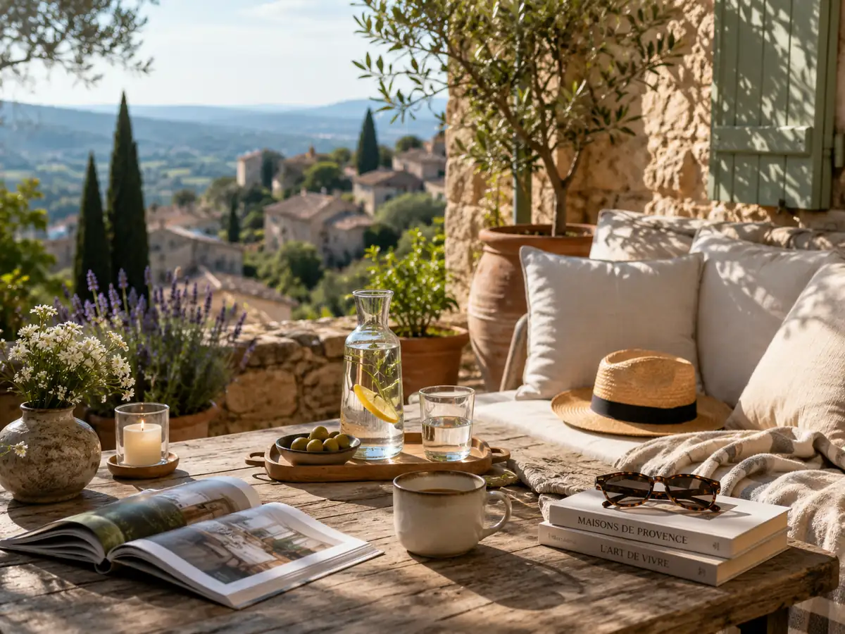 Terrasse provençale ensoleillée avec table en bois, fauteuils, plantes méditerranéennes et vue sur un village.