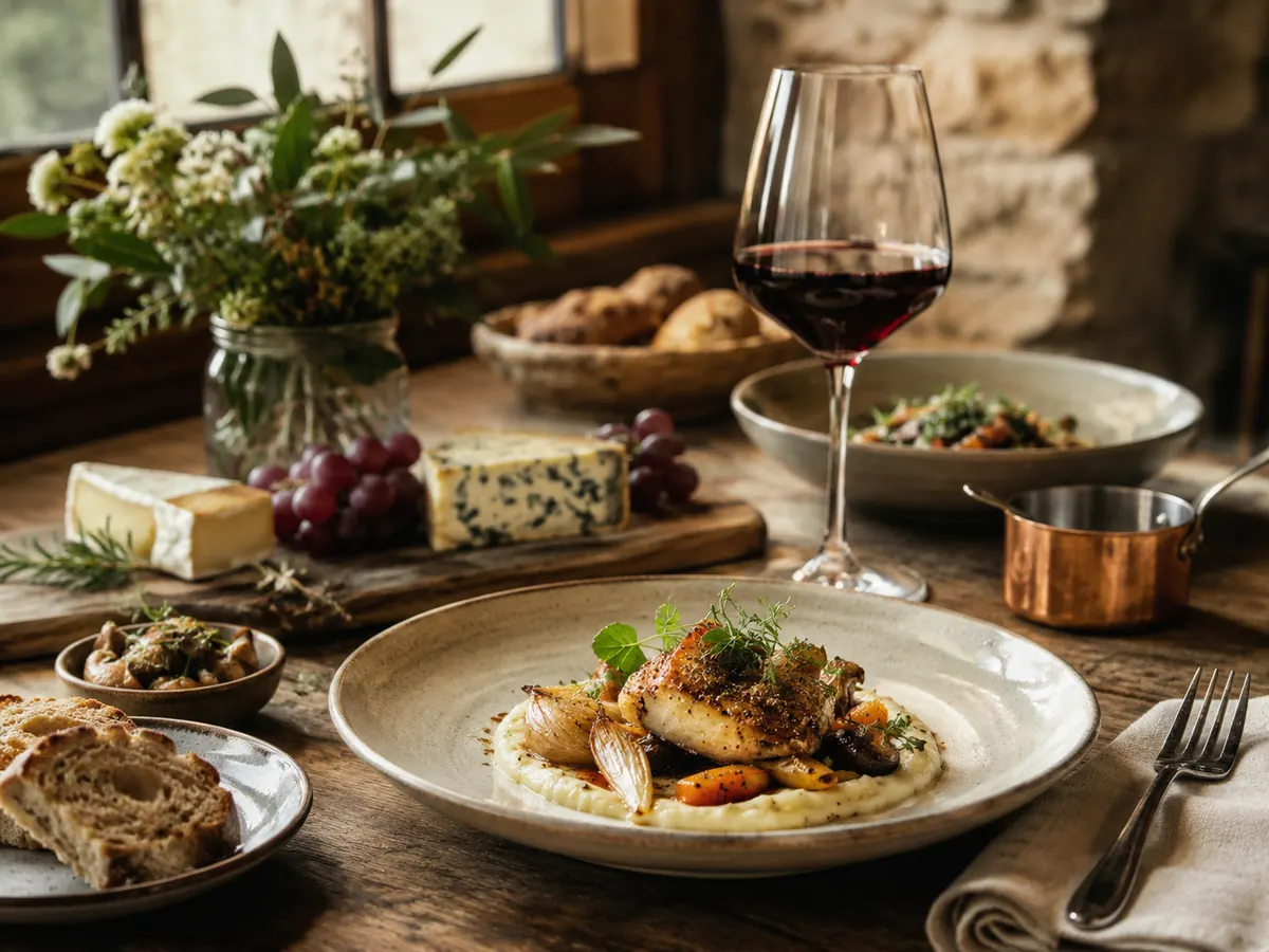 Plat gastronomique servi sur une table rustique avec fromages, pain et verre de vin rouge.