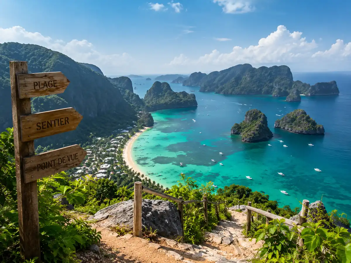 Vue panoramique sur une baie tropicale aux eaux turquoise depuis un sentier de randonnée.