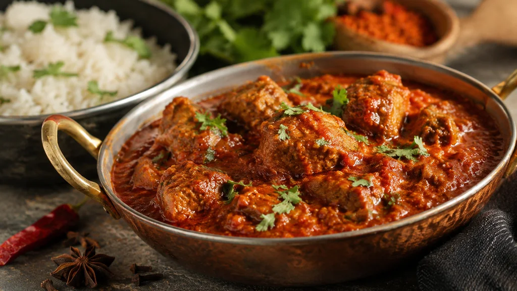 Agneau vindaloo mijoté dans une sauce épicée servi avec du riz basmati