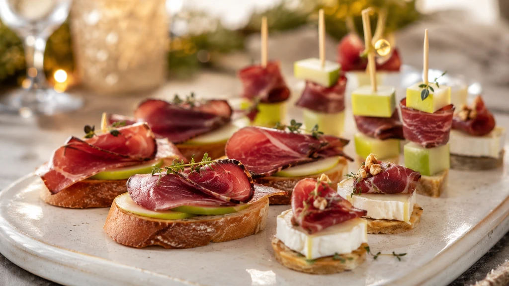 Amuse-bouches au magret de canard séché et pomme fraîche pour un apéritif festif
