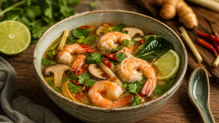Bouillon thaï aux crevettes avec citronnelle, champignons, coriandre, piment rouge et citron vert