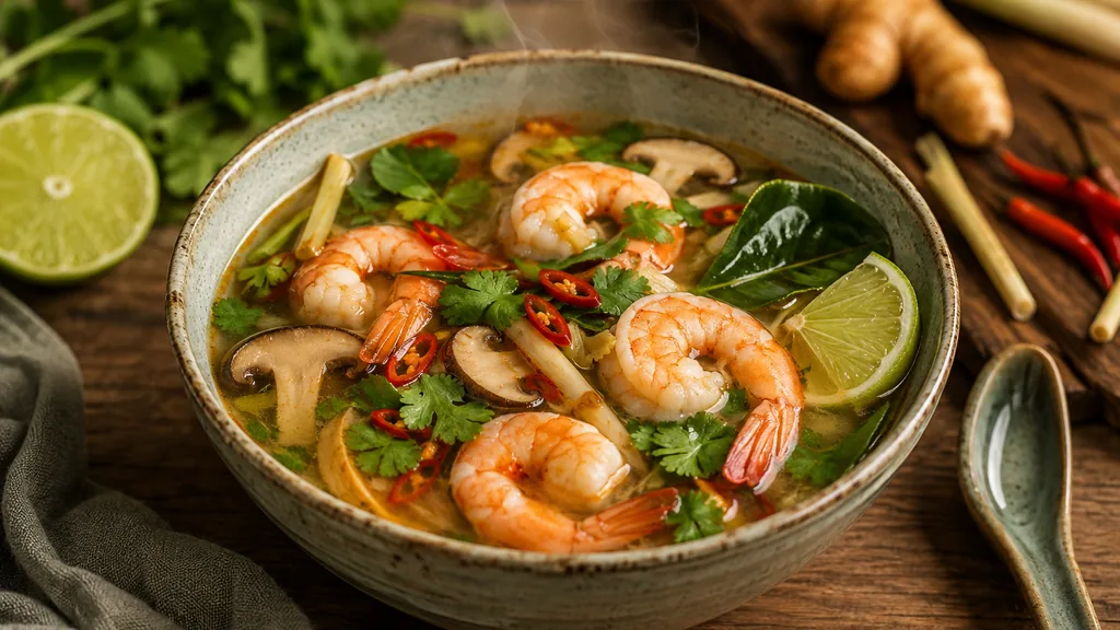 Bouillon thaï aux crevettes avec citronnelle, champignons, coriandre, piment rouge et citron vert