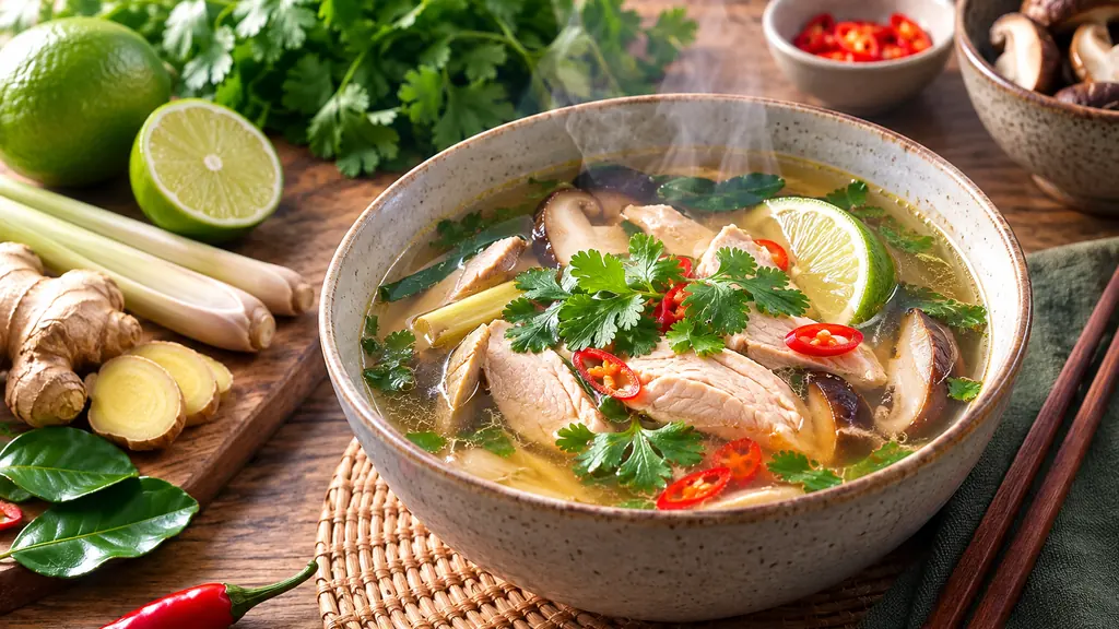 Bouillon thaï au poulet avec citronnelle, champignons, coriandre, piment rouge et citron vert