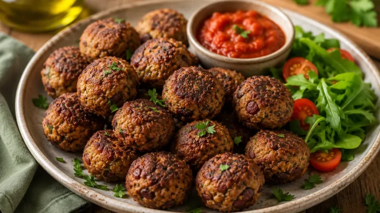 Boulettes de haricots rouges dorées servies avec une sauce tomate et une salade fraîche
