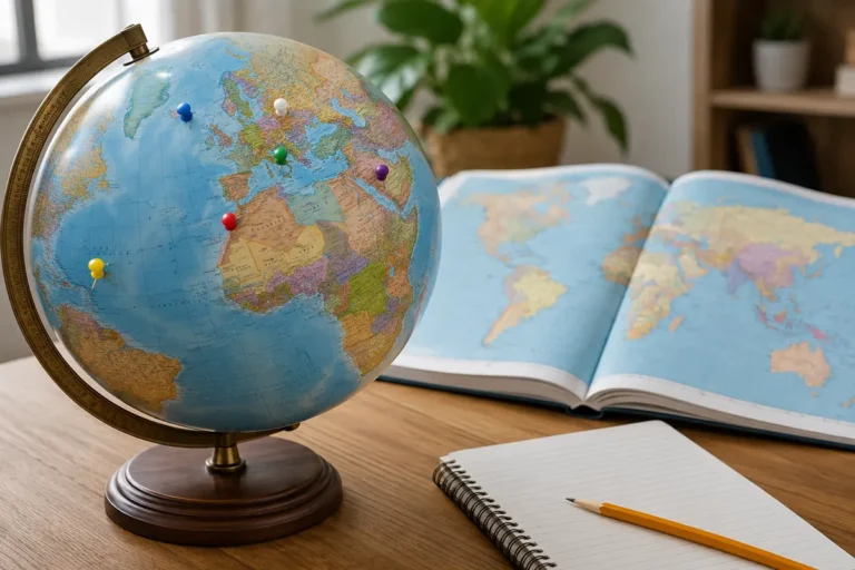 Globe terrestre et atlas illustrant les capitales du monde commençant par la lettre R