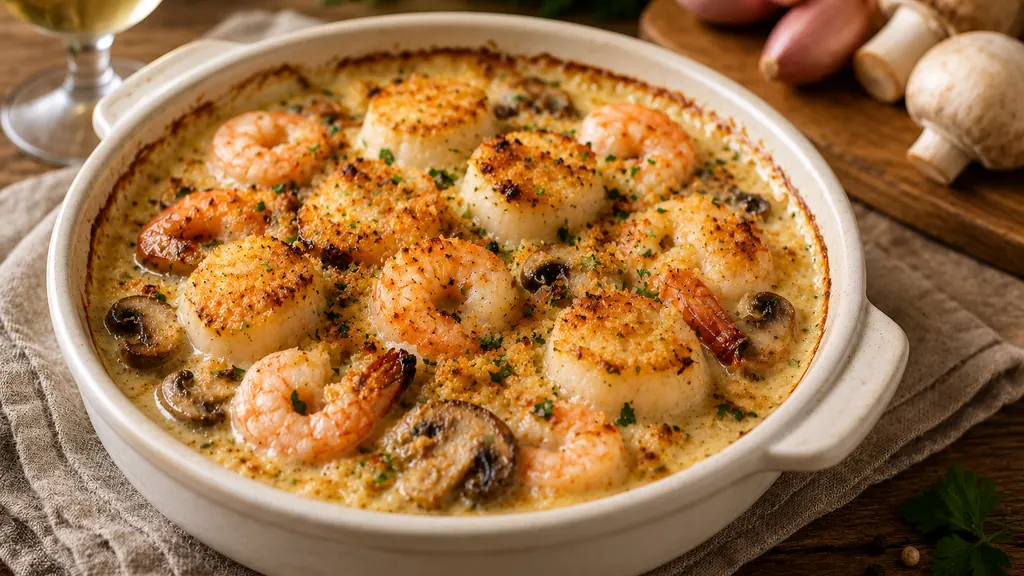 Cassolette de Saint-Jacques aux crevettes et champignons dans une sauce crémeuse gratinée