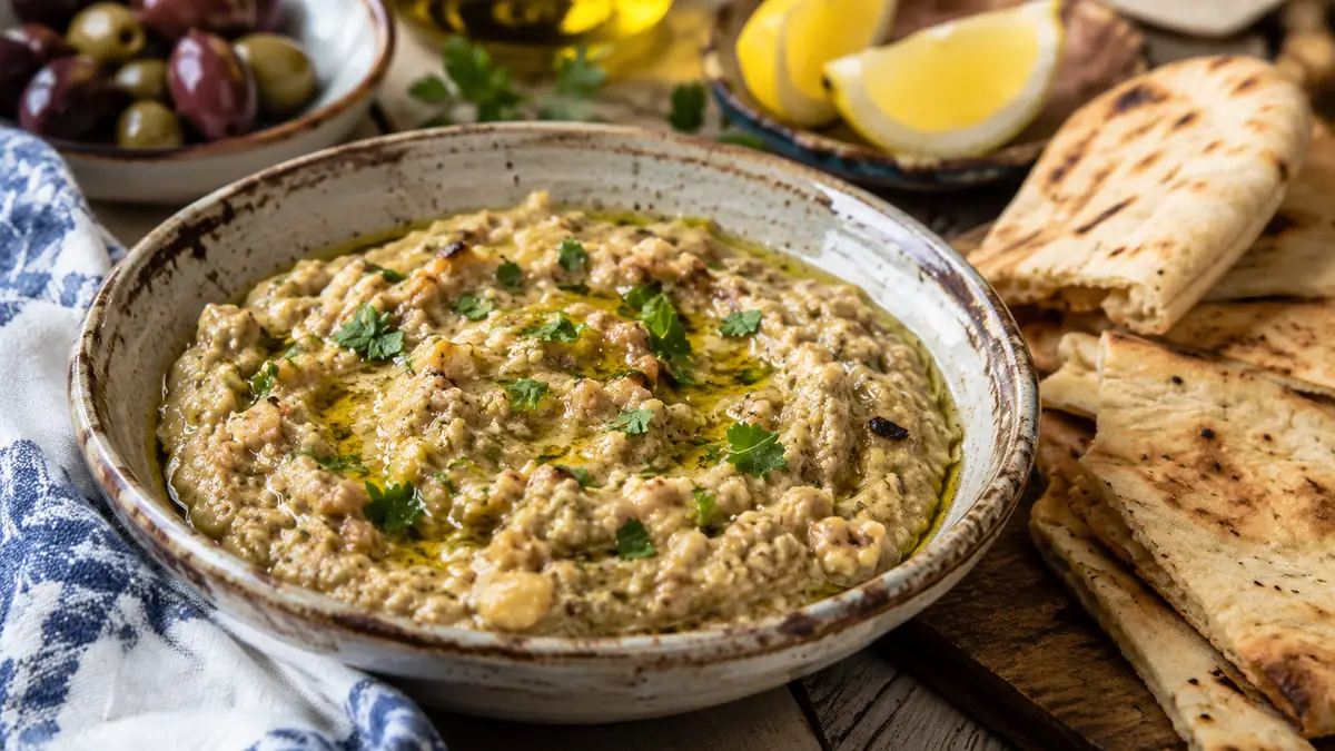 Caviar d’aubergine grec melitzanosalata servi avec pain pita, huile d’olive, citron et persil