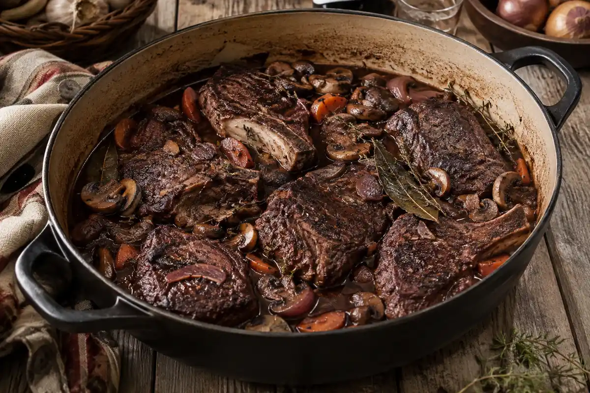 Côtes de sanglier mijotées en cocotte dans une sauce au vin rouge avec champignons, carottes et aromates