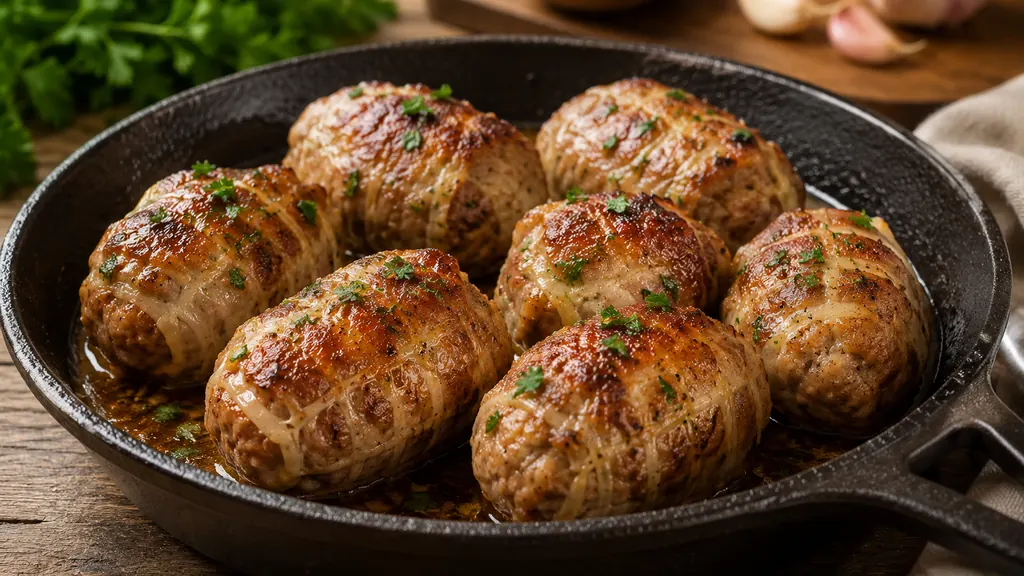 Crépinettes de porc dorées à la poêle pendant la cuisson