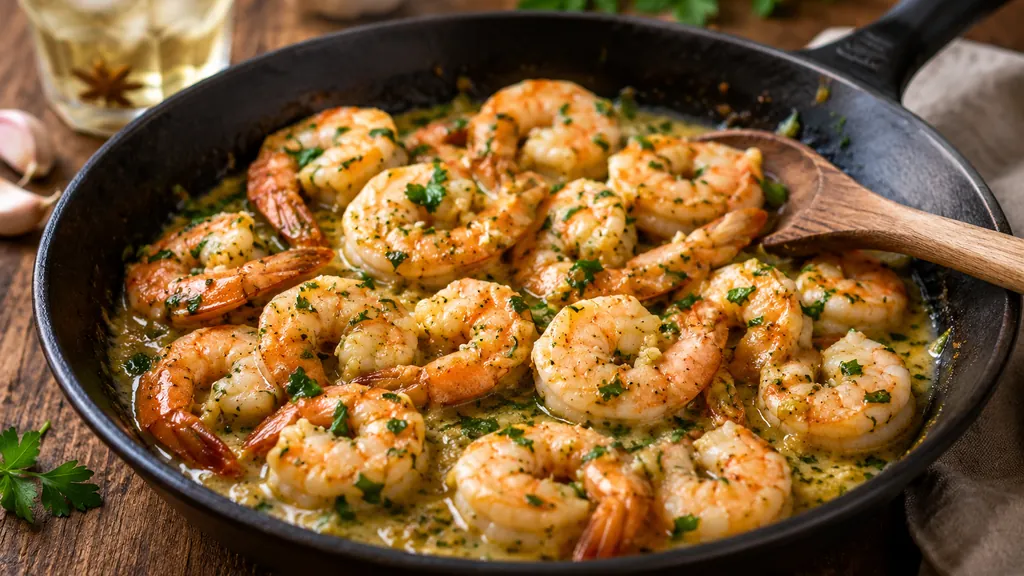 Crevettes au pastis poêlées dans une sauce crémeuse à l’ail et au persil