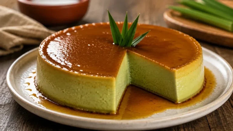 Flan thaïlandais coco-pandan nappé de caramel sur une assiette
