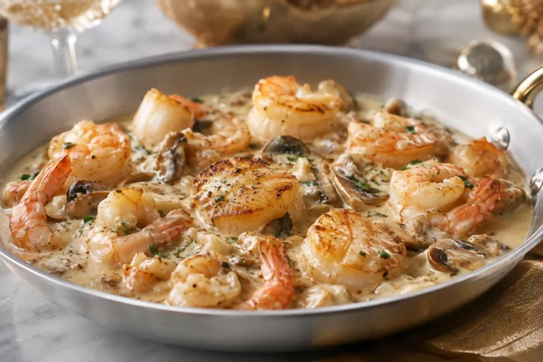 Fricassée de Saint-Jacques et crevettes dans une sauce crémeuse au vin blanc avec des champignons
