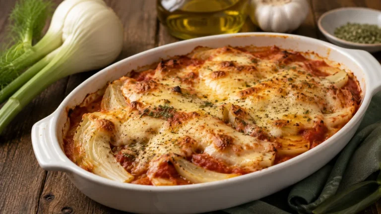 Gratin de fenouil à l'italienne avec sauce tomate mozzarella et parmesan doré