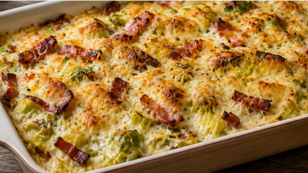 Gratin de poireaux aux lardons recouvert de fromage doré dans un plat à gratin