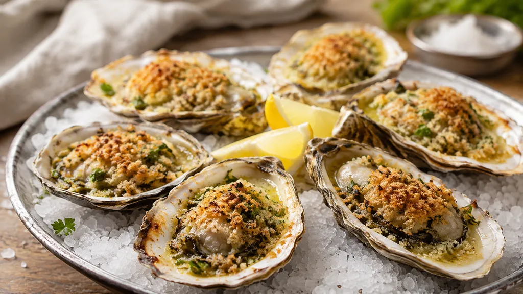 Huîtres au four gratinées au beurre persillé, chapelure et parmesan