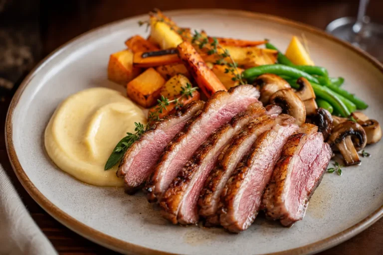 Magret de canard tranché accompagné de légumes racines rôtis, champignons, haricots verts et purée onctueuse