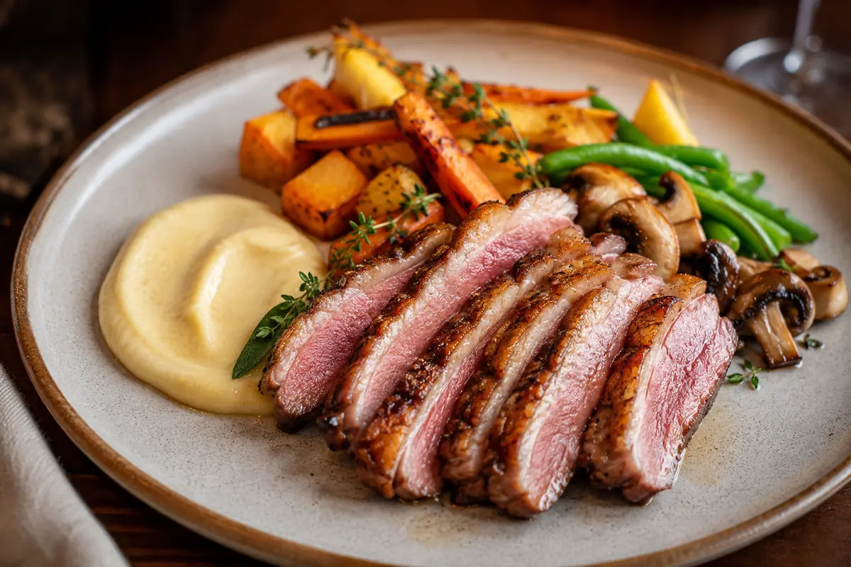 Magret de canard tranché accompagné de légumes racines rôtis, champignons, haricots verts et purée onctueuse