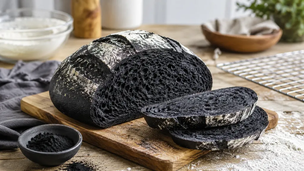 Pain au charbon végétal maison tranché sur une planche en bois