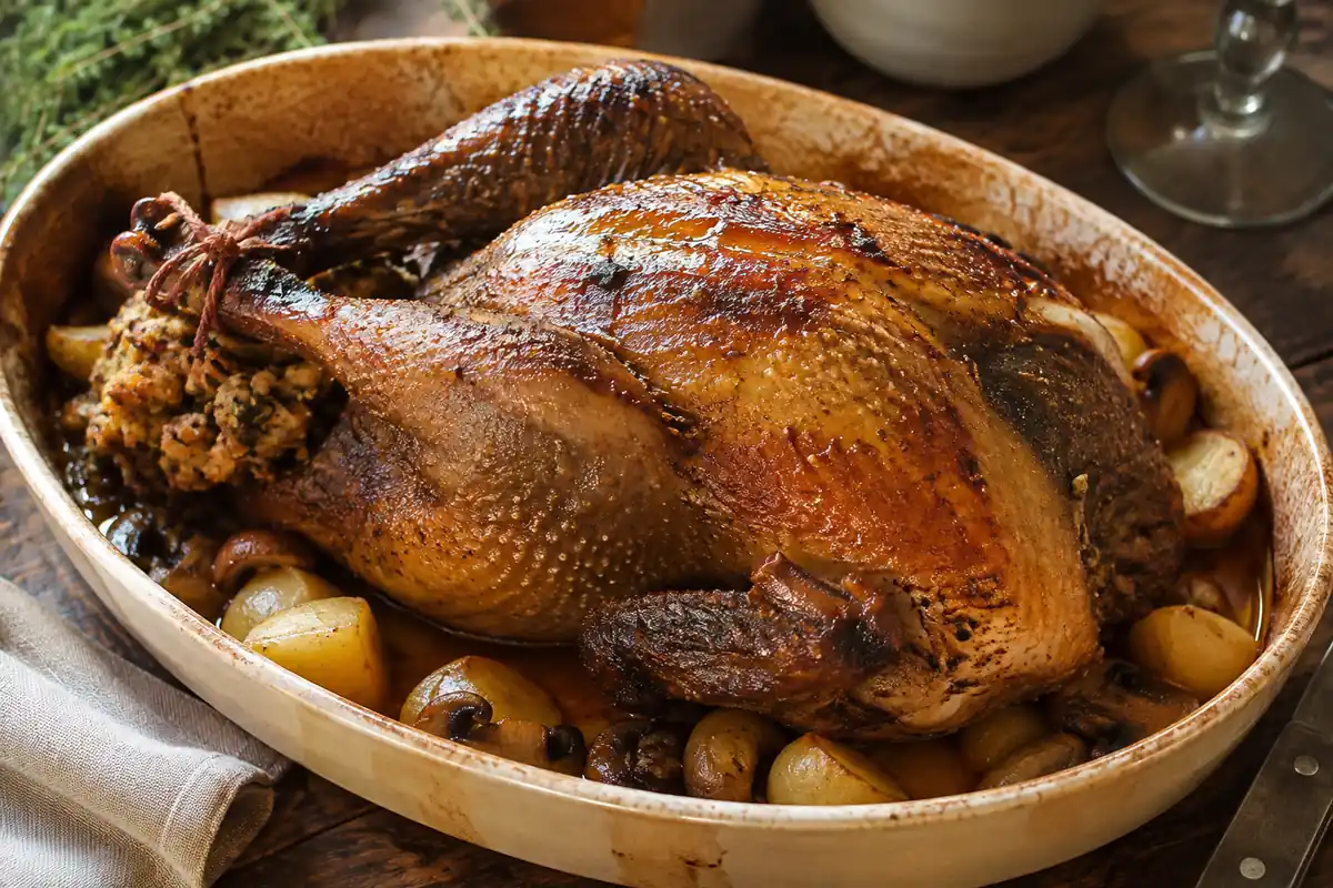 Pintade farcie rôtie au four dans un plat avec farce maison, pommes de terre et champignons