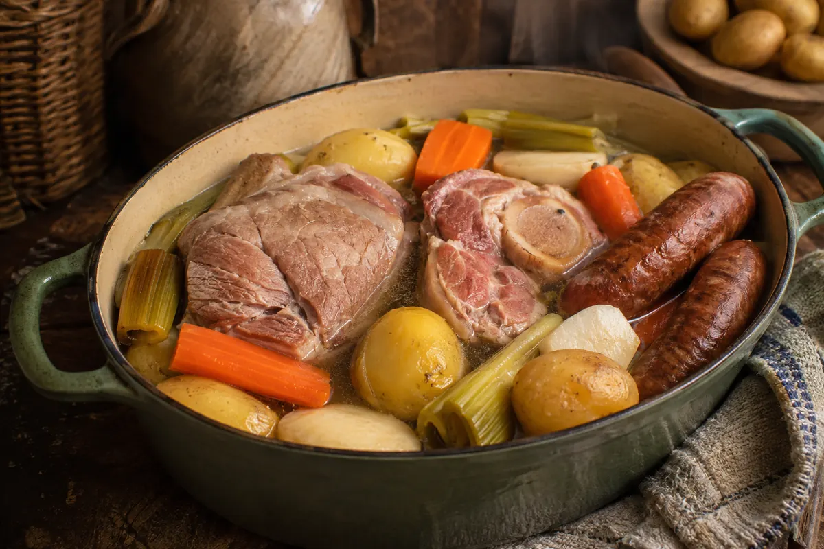 Potée sans chou servie dans une cocotte avec palette demi-sel, jarret, saucisses fumées, pommes de terre, carottes, poireaux et navets