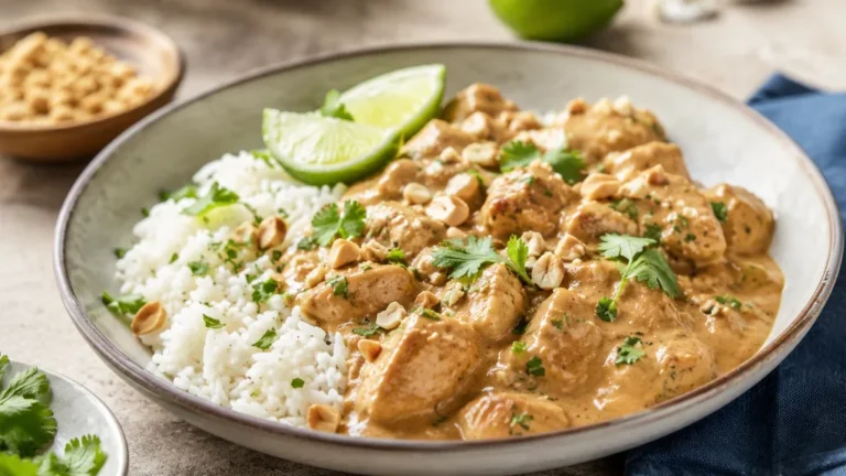 Poulet au beurre de cacahuète servi avec du riz basmati, coriandre et citron vert