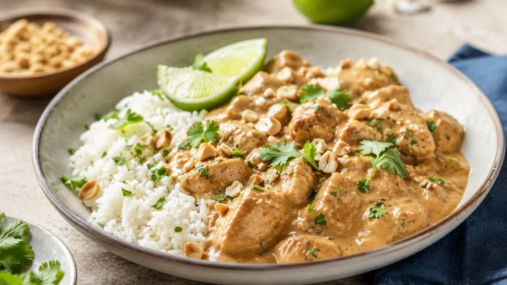 Poulet au beurre de cacahuète servi avec du riz basmati, coriandre et citron vert