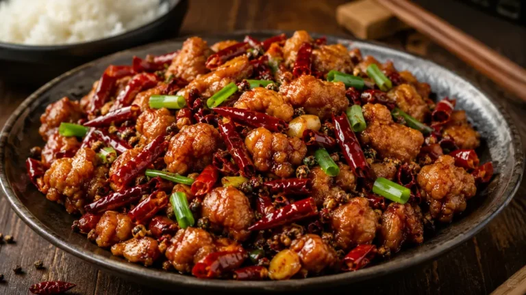 Poulet Sichuan sauté au wok avec piments rouges séchés, poivre de Sichuan et ciboule, servi avec du riz