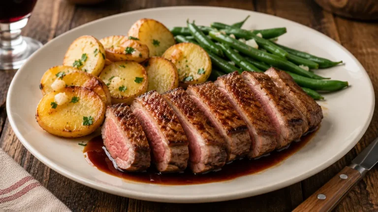 Magret de canard accompagné de pommes de terre rôties et de haricots verts