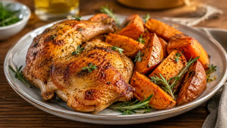 Poulet rôti accompagné de quartiers de patate douce rôtie aux herbes