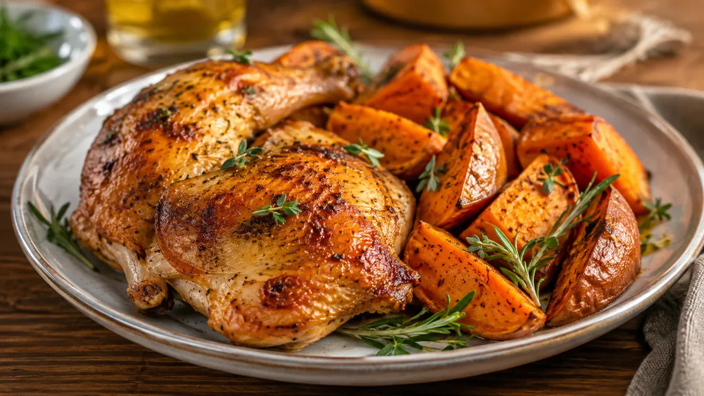 Poulet rôti accompagné de quartiers de patate douce rôtie aux herbes