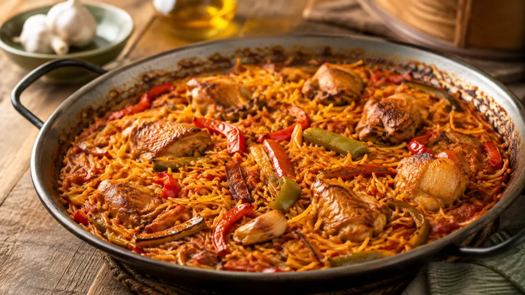 Fideuà au poulet avec fideos poivrons rouges et verts cuite dans une poêle