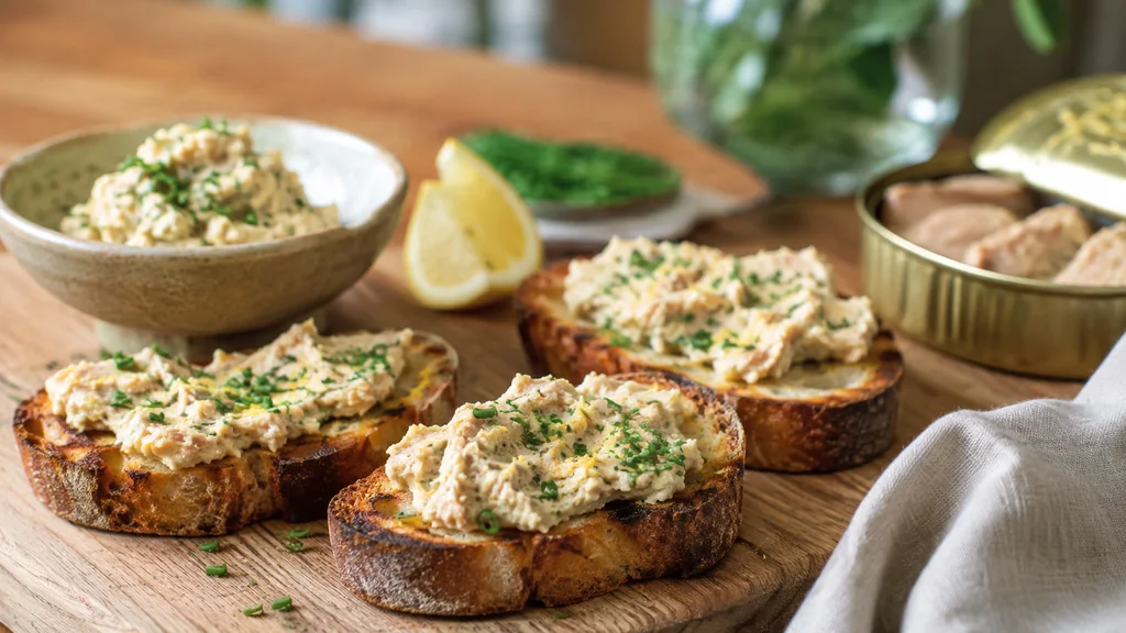 Tartines de foie de morue en conserve au citron et aux herbes fraîches