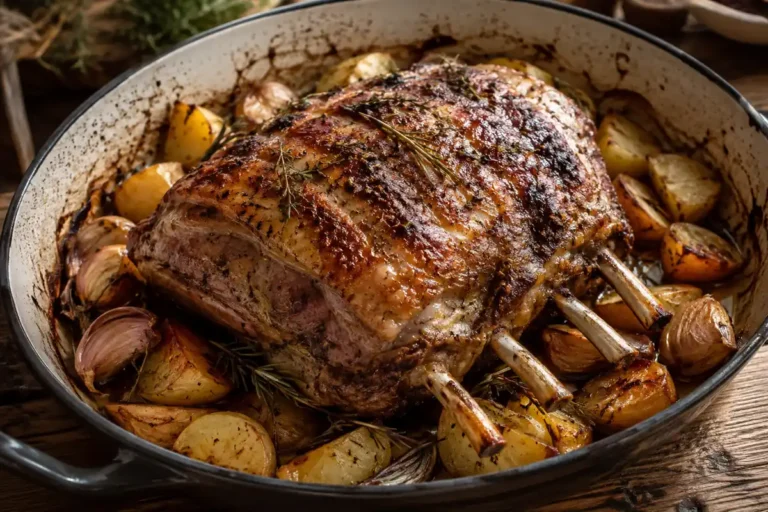 Poitrine d’agneau au four dorée et croustillante avec pommes de terre rôties, ail, thym et romarin