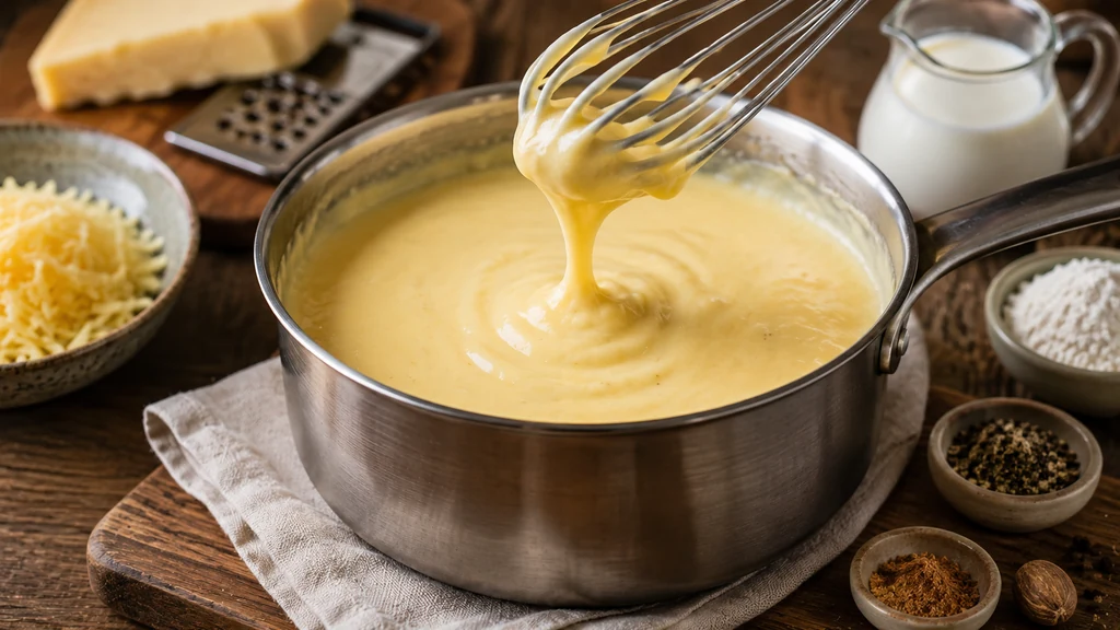 Sauce fromage maison crémeuse et onctueuse préparée dans une casserole