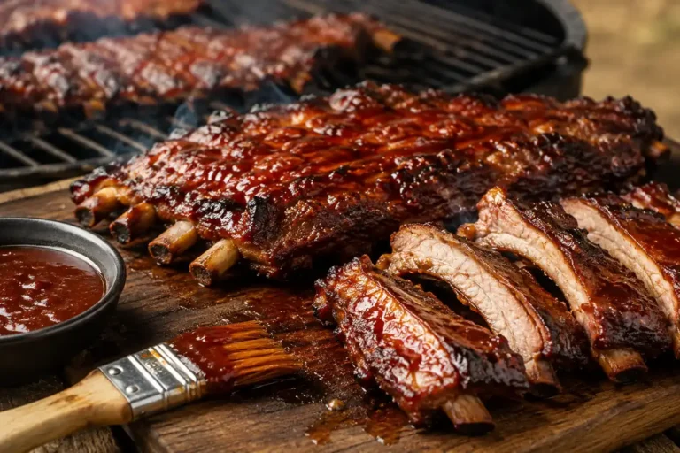 Ribs de porc au barbecue caramélisés et fumés, servis avec une sauce barbecue sur une planche en bois