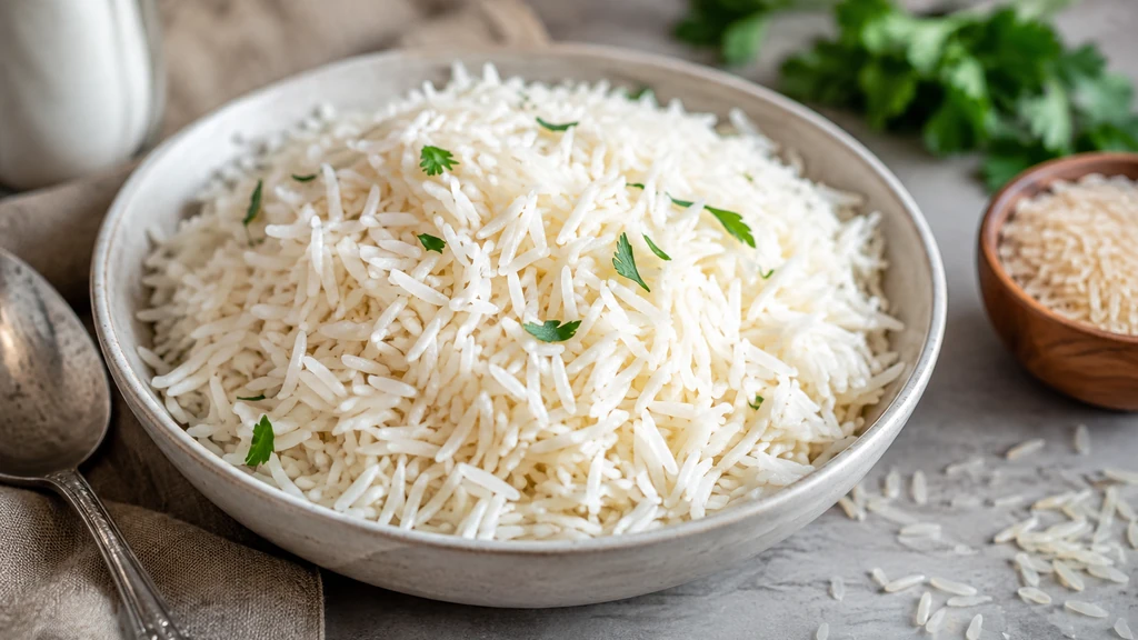 Riz à grain long cuit avec des grains fins légers et bien séparés