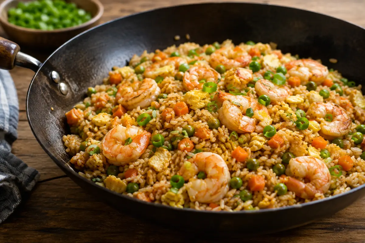 Riz sauté aux crevettes avec œufs, petits pois, carottes et oignons verts dans un wok