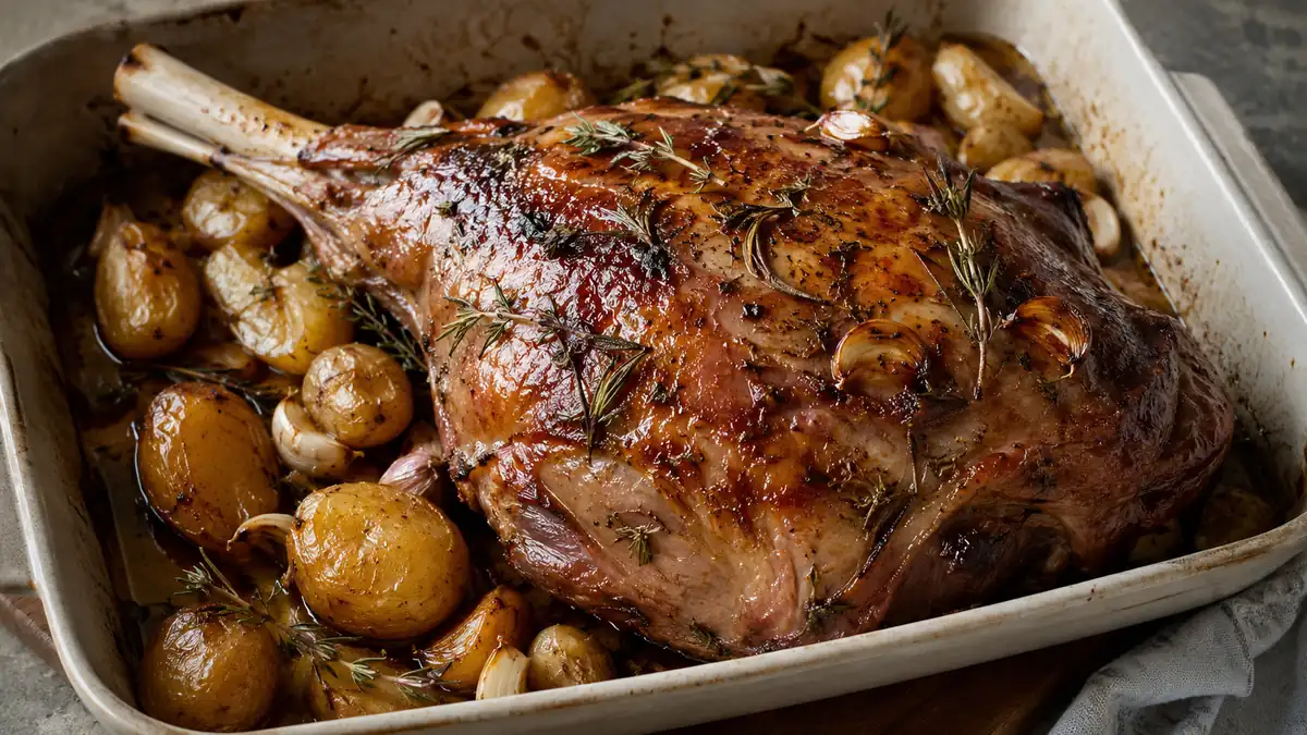 Rôti de gigot d'agneau au four avec pommes de terre rôties, ail et herbes dans un plat de cuisson