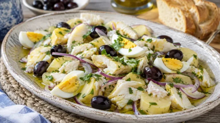 Salade de morue à la portugaise avec pommes de terre, œufs durs, olives noires, oignon rouge et persil