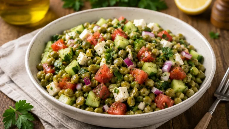 Salade de pois cassés avec concombre, tomates, oignon rouge, feta et herbes fraîches