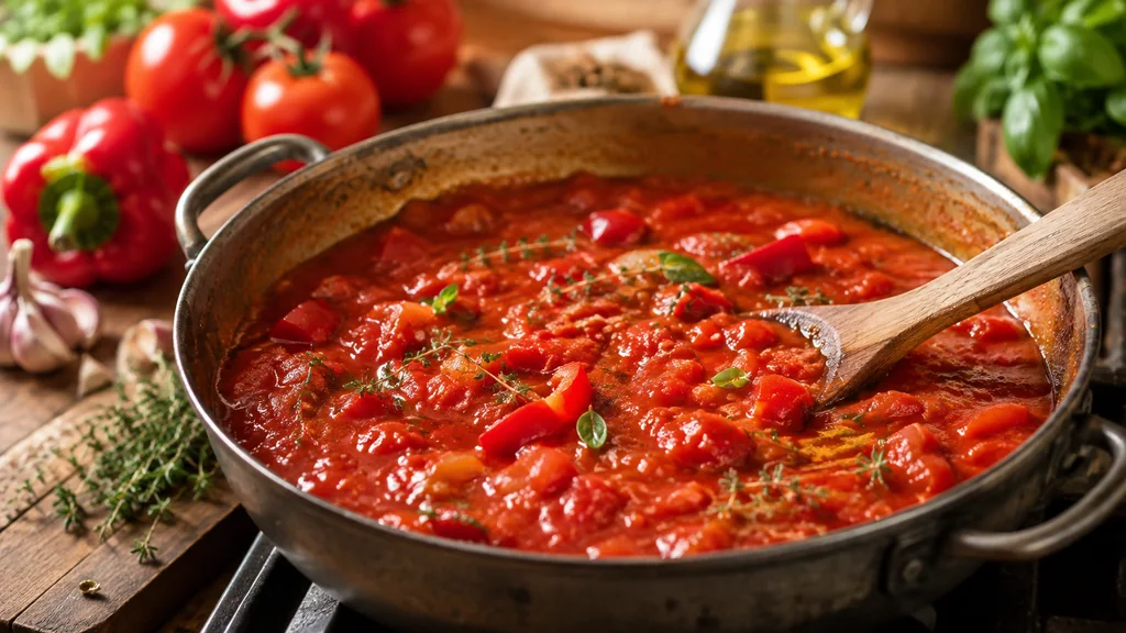 Sauce tomate et poivrons maison mijotée avec basilic et thym