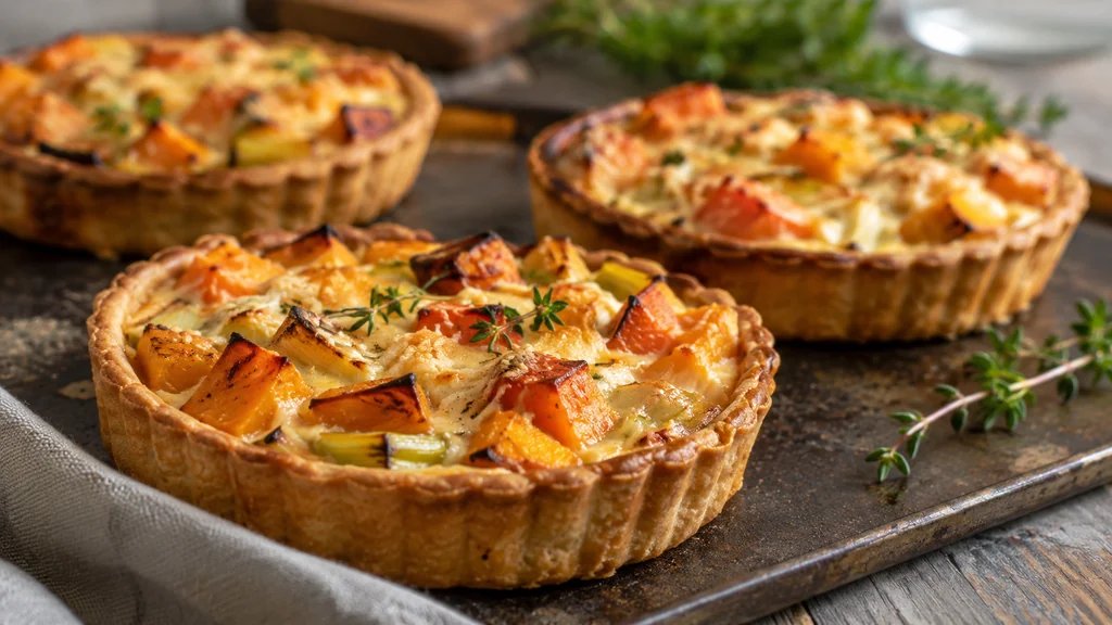 Tartelette aux légumes d'hiver avec butternut carotte poireau et fromage gratiné