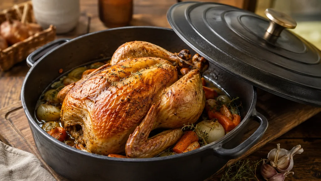 Chapon doré cuit en cocotte en fonte avec carottes, oignons et herbes