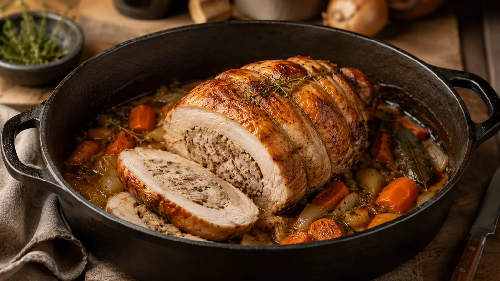 Rôti de chapon farci cuit en cocotte avec légumes et jus de cuisson