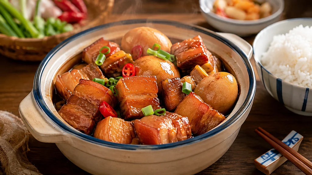 Thit kho vietnamien au porc braisé caramélisé et aux œufs servi avec du riz