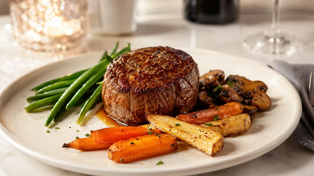 Tournedos de bœuf accompagné de haricots verts champignons carottes et panais rôtis