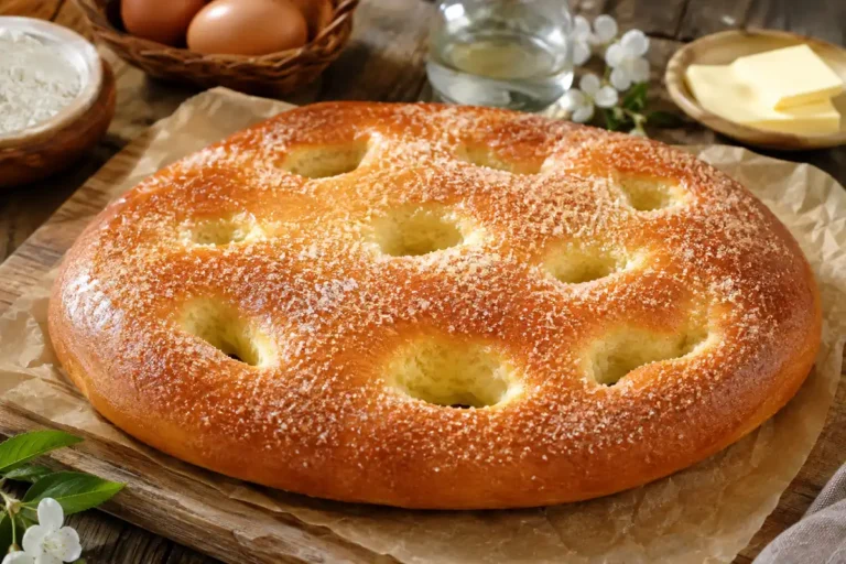 Véritable fougasse d’Aigues-Mortes dorée, moelleuse et saupoudrée de sucre sur une table de boulangerie