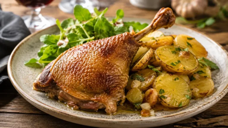Cuisse de canard confite servie avec des pommes de terre dorées et une salade verte