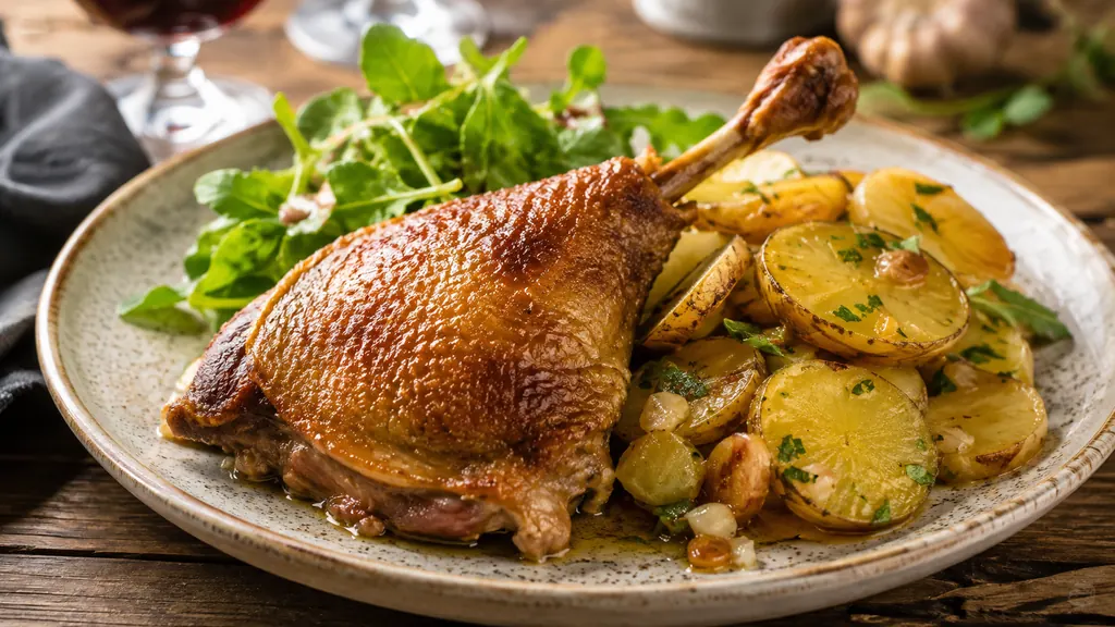 Cuisse de canard confite servie avec des pommes de terre dorées et une salade verte